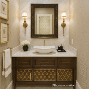 Elegant brown wooden bathroom vanity with gold lattice design and white marble countertop.
