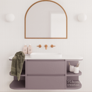 Modern bathroom vanity in soft purple with arched wooden mirror and white countertop