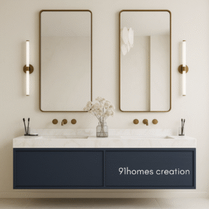 Modern navy blue floating vanity with marble countertop and twin mirrors.