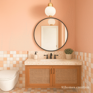 Peach bathroom with terrazzo countertop, round mirror, and wooden cane vanity