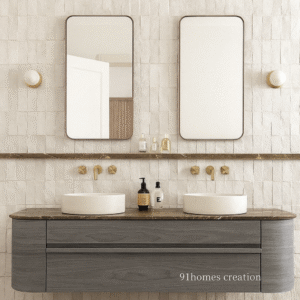 Grey floating vanity with marble countertop and twin vessel sinks in modern bathroom