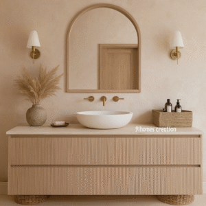 Minimalist beige bathroom vanity with fluted wood drawers, vessel basin, and arched mirror.