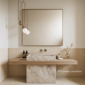 Modern beige bathroom vanity with travertine stone sink and wooden countertop.