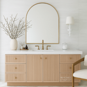Light oak floating vanity with fluted drawer fronts, brass handles, and arched mirror in modern bathroom