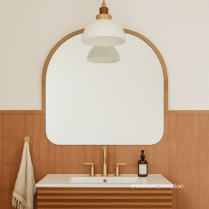 Modern bathroom vanity with arched wooden mirror, terracotta tiles, and gold faucet.