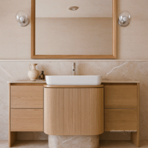 Modern light oak bathroom vanity with fluted design and marble backsplash.