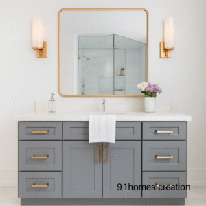 Modern grey bathroom vanity with gold handles and white quartz countertop.