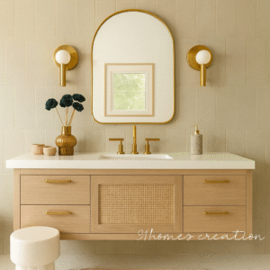 Light oak floating vanity with cane-front drawers, gold fixtures, and arched mirror