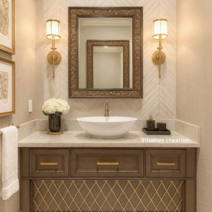 Elegant bathroom vanity with gold lattice drawers, marble countertop, and vessel basin