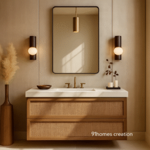 Modern beige bathroom vanity with rattan drawers, white countertop, and brass fixtures.