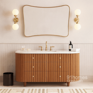 Modern fluted wood bathroom vanity with marble countertop and gold fixtures