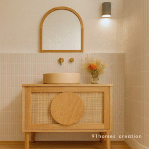 Light oak floating vanity with rattan doors, round handle, and beige vessel sink