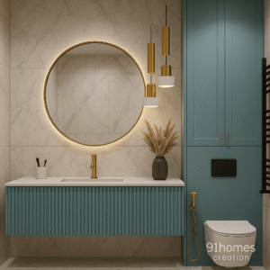 Modern teal floating vanity with gold faucet and round backlit mirror in marble bathroom.
