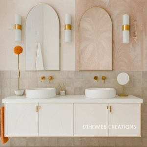 Modern white floating vanity with gold accents and round vessel basins