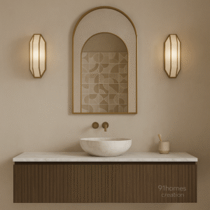 Modern bathroom vanity with arched golden mirror, beige wall, and floating wooden cabinet"