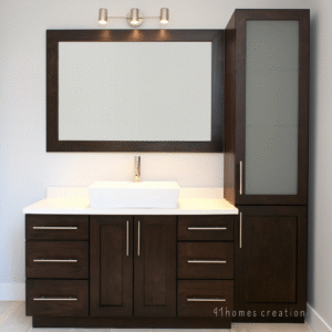 Modern dark wood bathroom vanity with white countertop and vessel sink