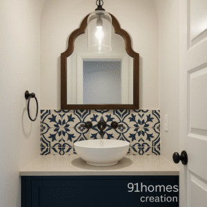 Navy blue vanity with white vessel sink and Moroccan patterned tiles
