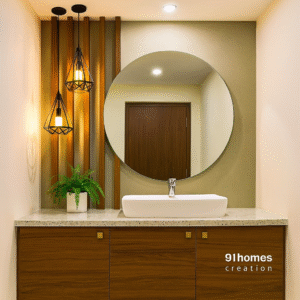 Modern bathroom vanity with walnut wood cabinets, round mirror, and pendant lights"