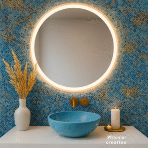 Modern bathroom vanity with round LED mirror, blue mosaic tiles, and matte blue vessel sink on white countertop