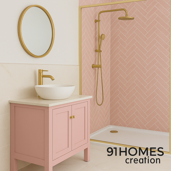 Pink and gold bathroom setup with herringbone shower tiles