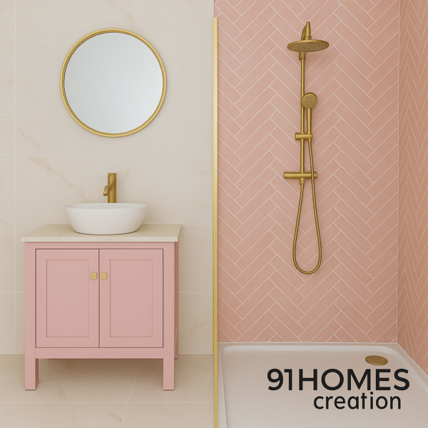 Blush pink floating vanity with gold faucet and quartz countertop