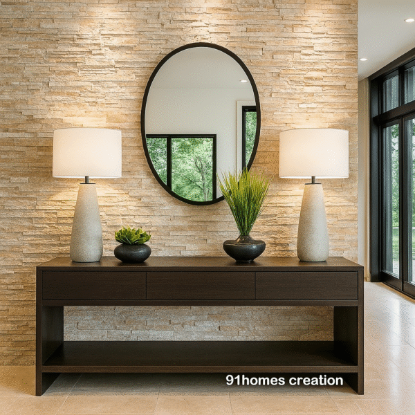 Black-rimmed console foyer with oval mirror and stone wall backdrop