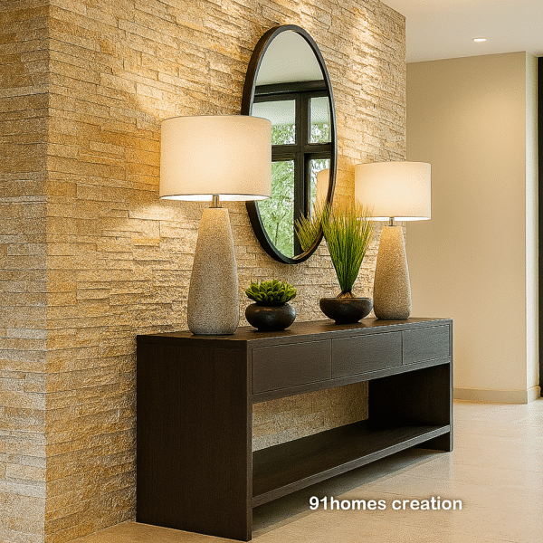 Modern foyer design featuring beige textured wall and dark wood console unit