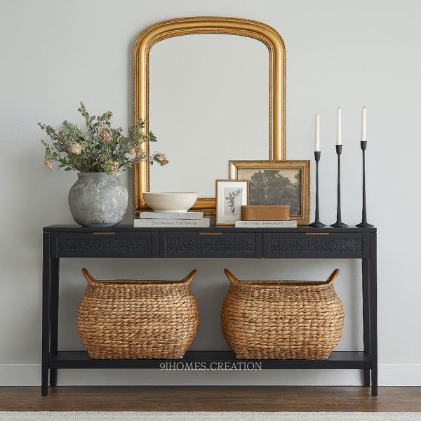 Black Rattan Console foyer with Golden Mirror – Modern Entryway Design