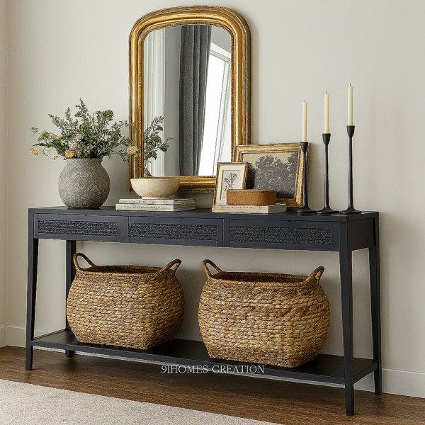Matte black foyer console with natural woven storage and decor