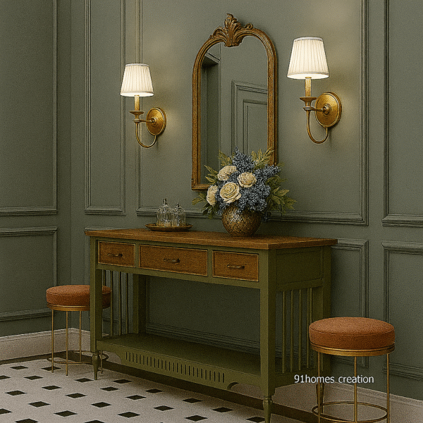 Classic foyer setup with sage green wall panels, wooden console, and floral décor