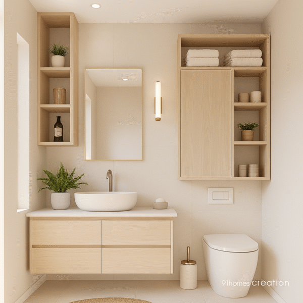 Minimalist beige bathroom with floating vanity and vessel sink
