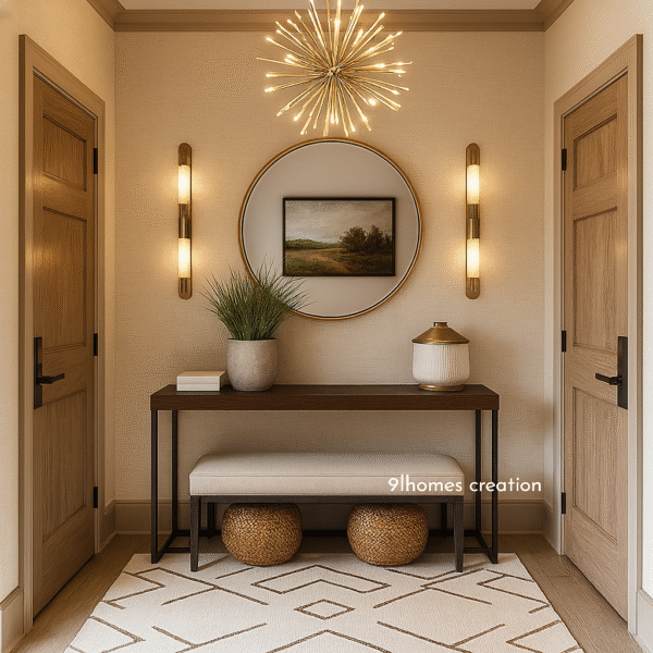 Modern beige entryway with wooden doors, round mirror, and starburst chandelier