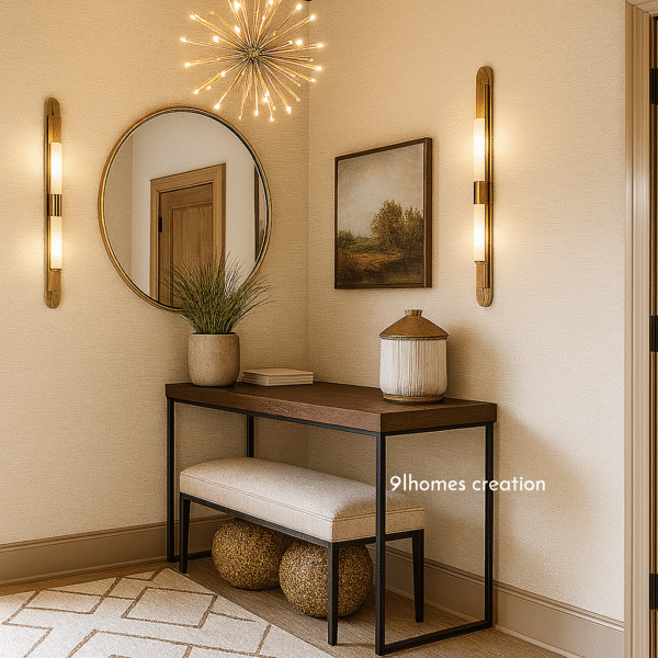 Contemporary foyer design featuring wooden console, cane ottomans, and ambient wall sconces