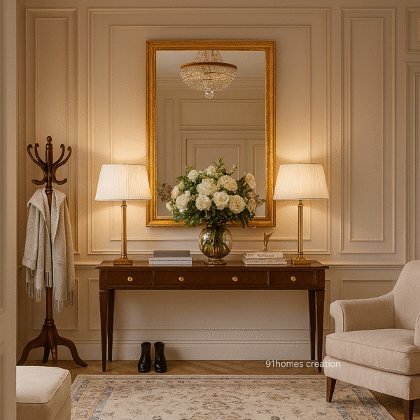 Elegant beige wall panelled foyer with gold mirror and wooden console table