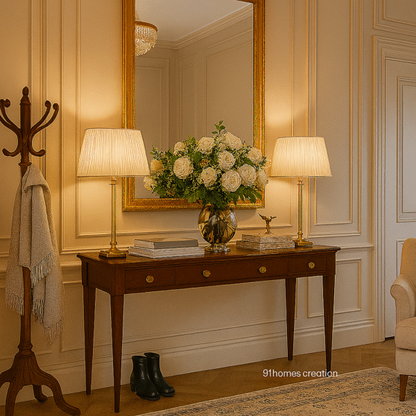 Luxurious classic entryway design featuring beige panel walls and floral decor