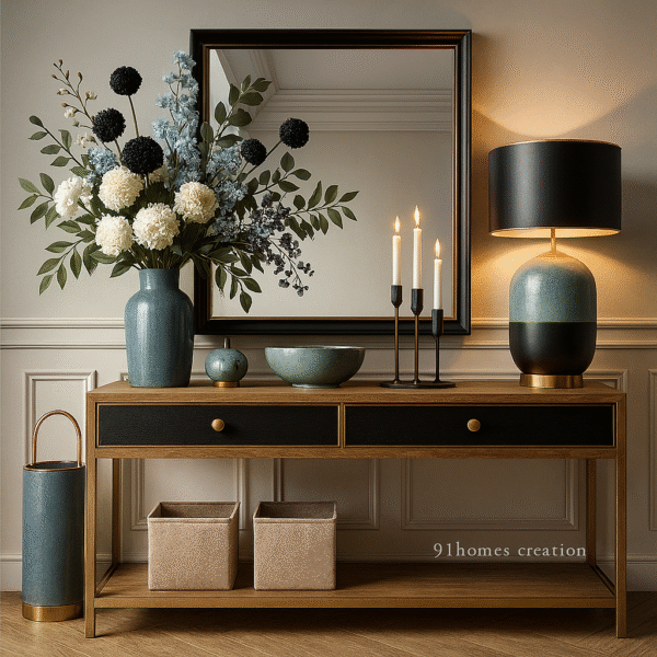 Modern black and gold console foyer with blue ceramic decor and beige wall paneling