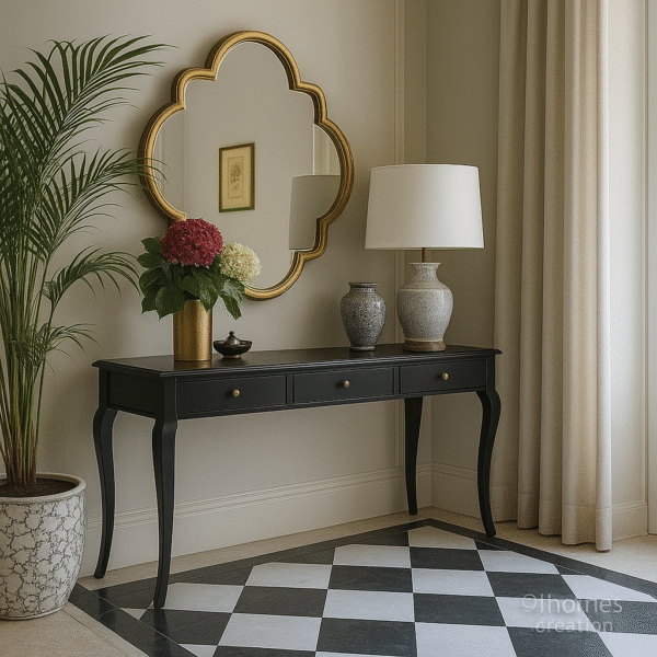Classic foyer design with black wood console, floral decor, and gold framed mirror.