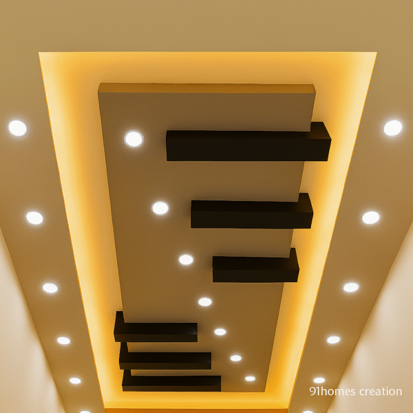 Linear POP ceiling design with warm LED strip and spotlights
