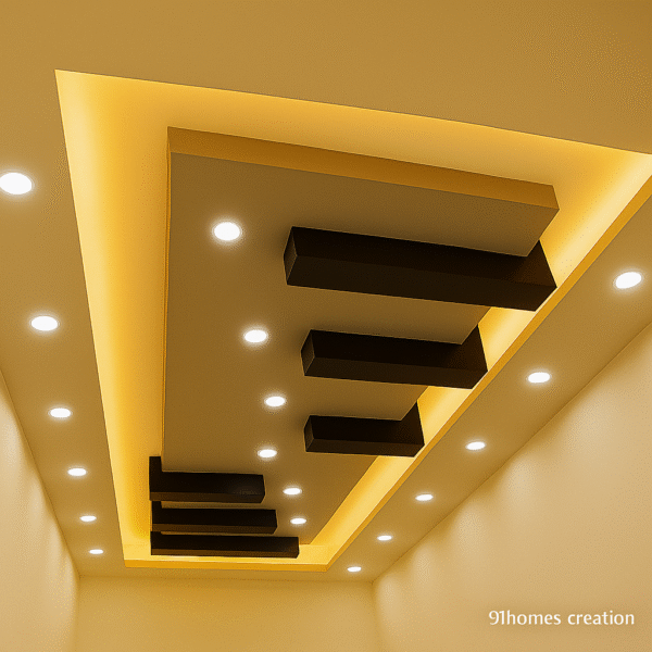 Modern ceiling design with rectangular POP blocks and recessed lights