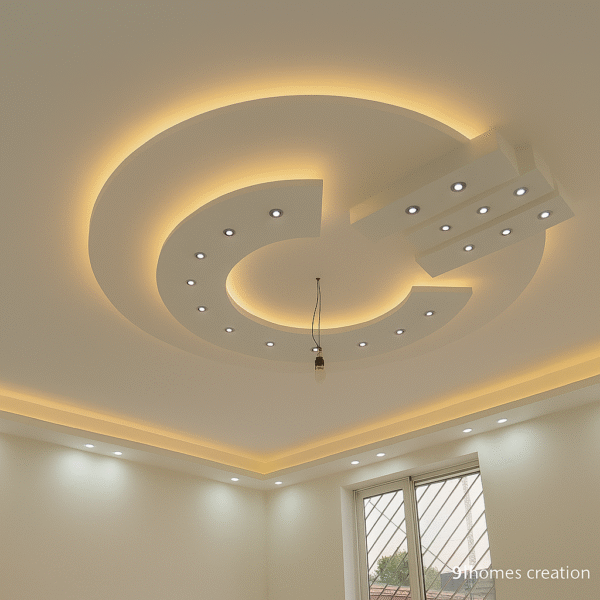Circular POP ceiling design with warm LED strip and spotlights