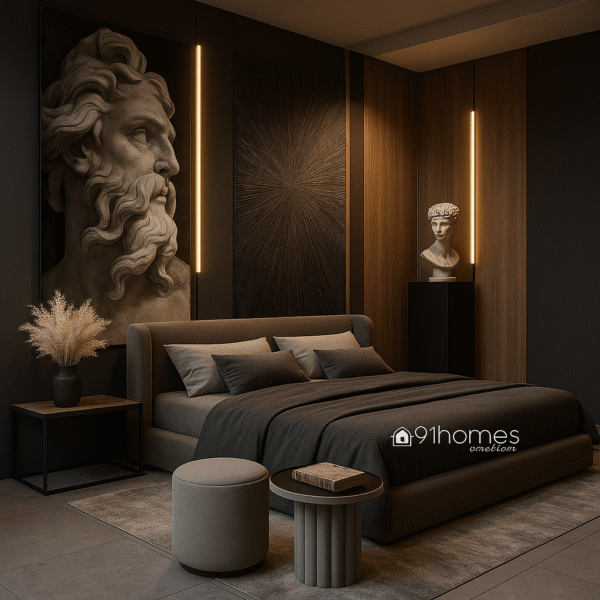 Contemporary bed back wall featuring textured black panels and warm lighting