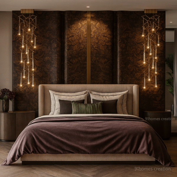 Luxurious brown marbled bed back wall with pendant lights and upholstered bed.