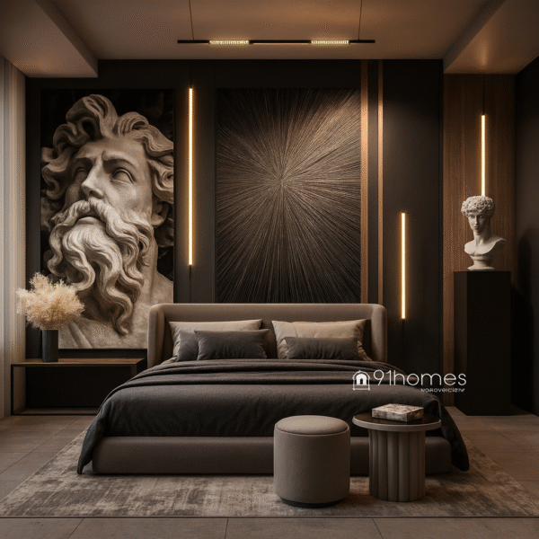 Modern luxury bedroom with dark brown bed back wall and classical sculpture decor