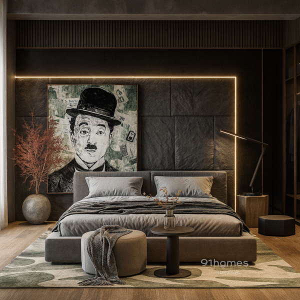 Modern grey king-size bed with slate textured bed back wall, LED strip light and abstract Chaplin art