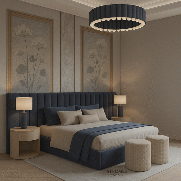 Luxury bedroom with vertical panel headboard, circular chandelier and beige upholstery
