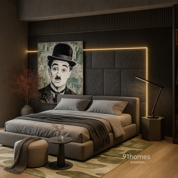 Luxury bedroom with charcoal bed back wall, earthy tones, round pouf and green abstract carpet