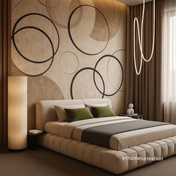 Tufted platform bed with olive green cushions and designer wall panel