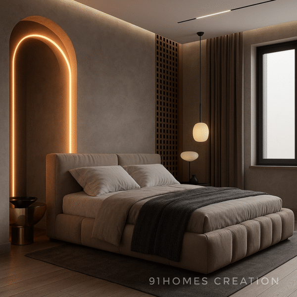 Textured grey wall with bed back wall lighting and pendant lamps