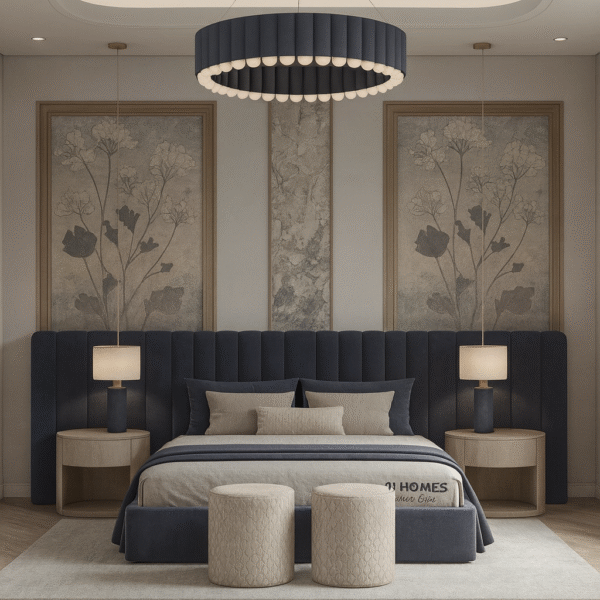 Modern navy blue bed back wall with velvet finish and floral panel design