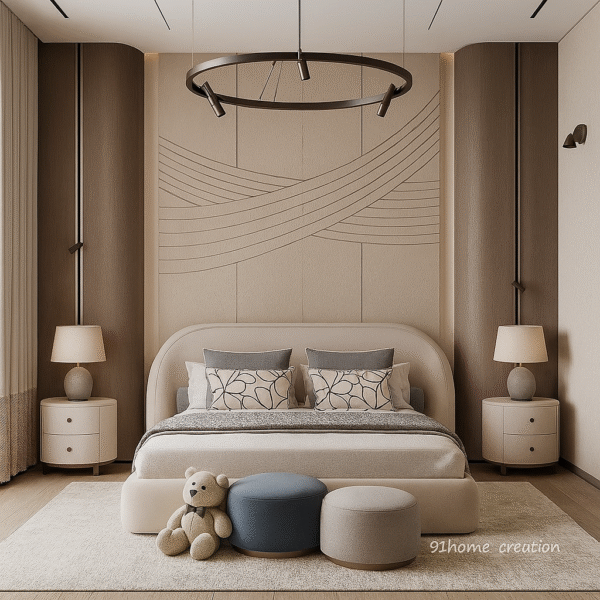 Curved upholstered bed with beige textured bed back wall and round lights